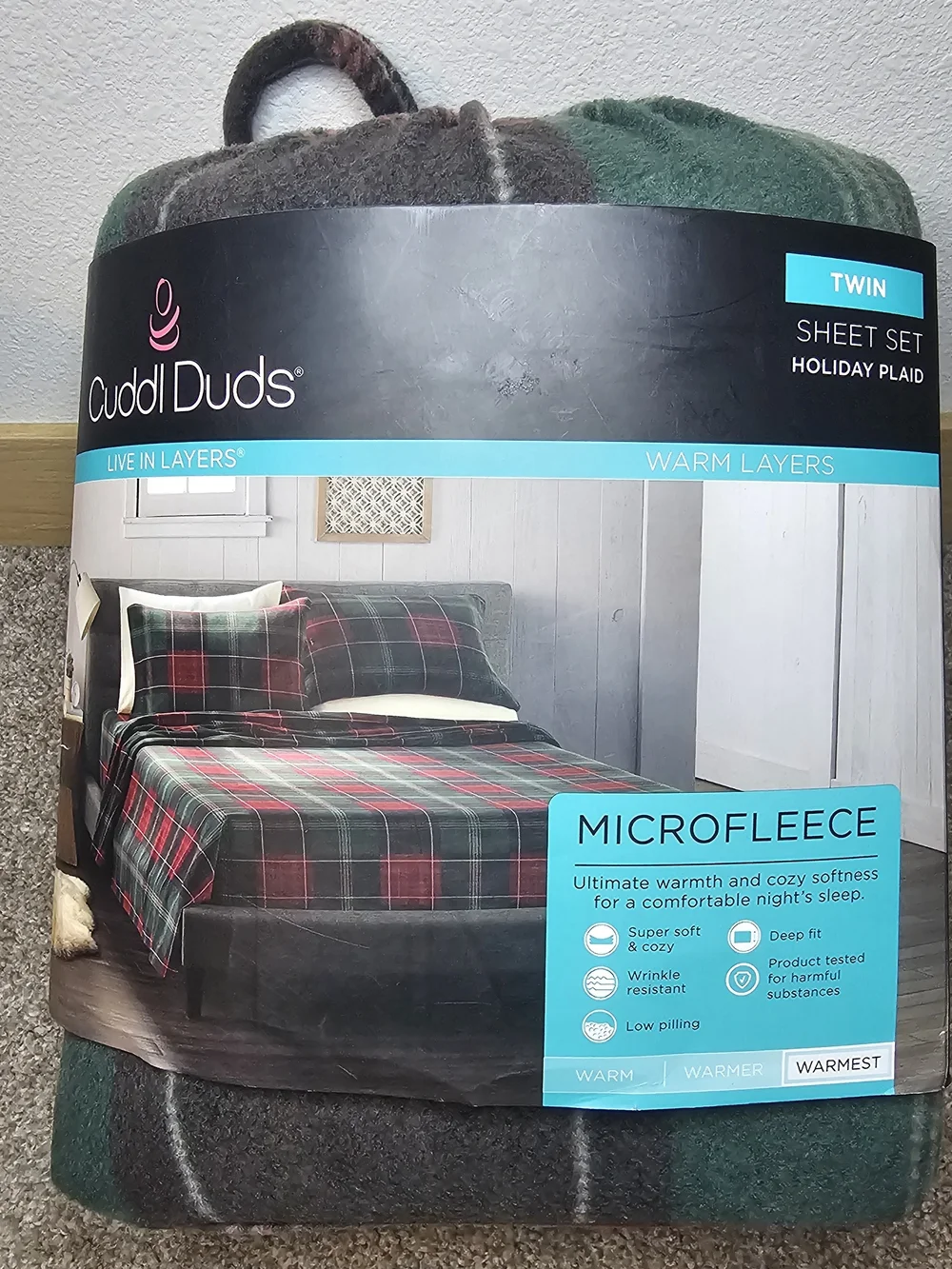 Cuddl Duds Holiday Plaid Twin Sheet Set - Green and Red